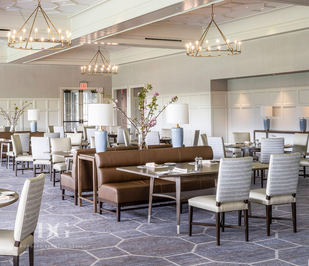 Country club dining room with custom brown leather banquettes