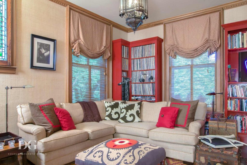 Contemporary Library in Greenwich, CT Featuring Wallpaper from Old World Weavers